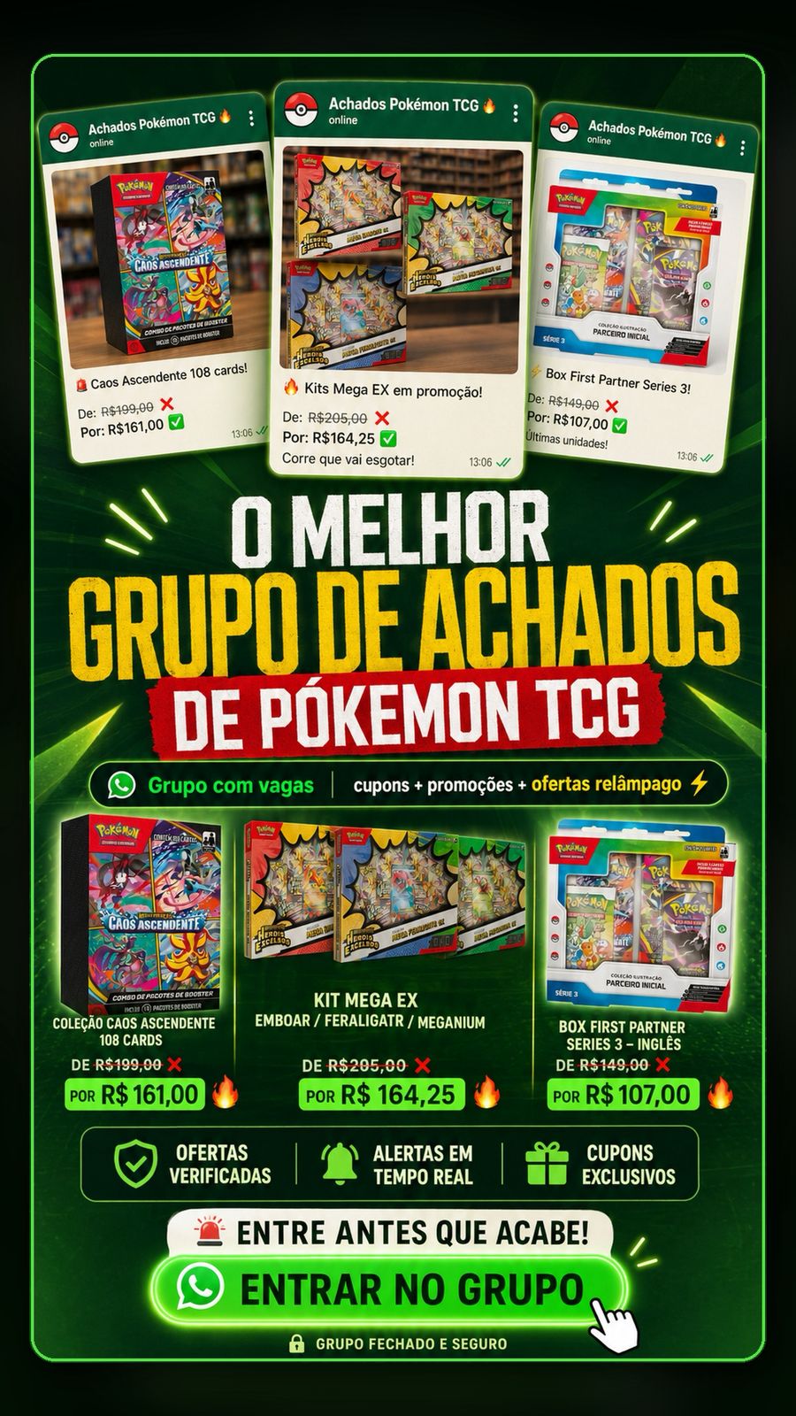 Grupo de achados Pokémon TCG com produtos e preços em destaque